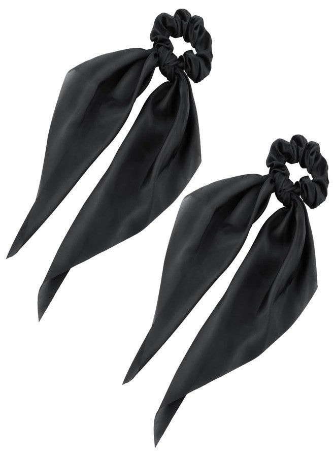 yuntop 2 Pcs Knotted Bow Satin Hair Scrunchie Hair Scarf with Tail Hair Scrunchies Elastic Hair Scarf Ponytail Holder for Women and Girls (Black) - Image 1
